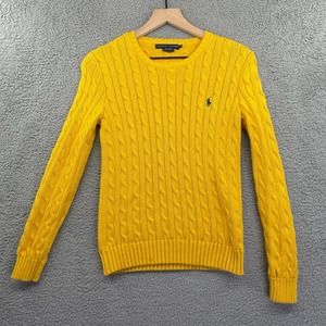 RALPH LAUREN Cable Knit Sweater Women's Medium Yellow Cotton Preppy Casual